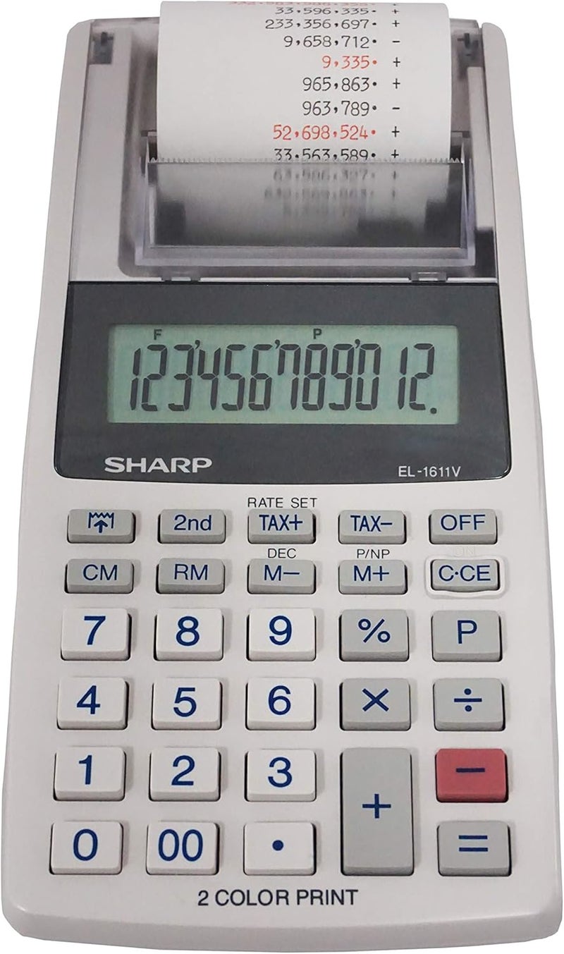 SHARP آلة حاسبة محمولة لاسلكية EL-1611V بشاشة LCD كبيرة 12 رقم وطباعة ثنائية اللون مع وظائف ضريبية - Image 1